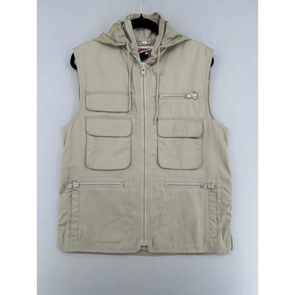Vintage Banana Republic Safari Vest Mens Small Khaki Utility Hooded Multi-Pocket